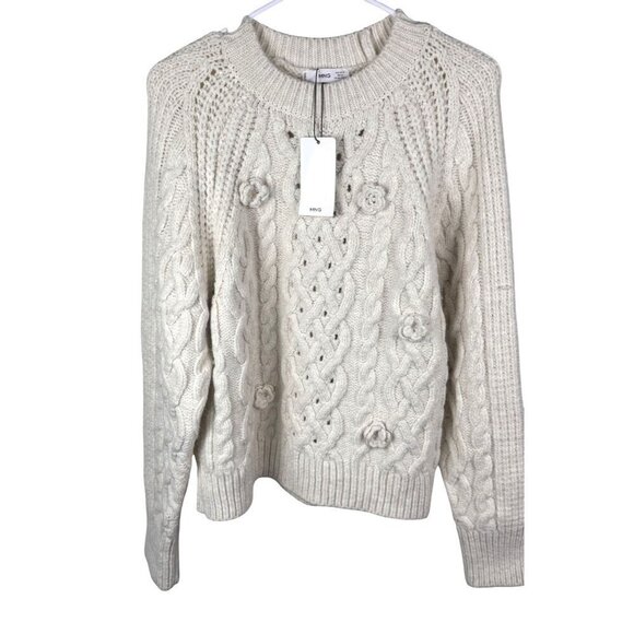 NWT Mango (MNG) Long Sleeve Fisherman Knit Heavy Sweater Winter White Sz XL NEW - Picture 1 of 9